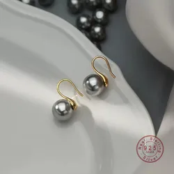 Round Grey Pearl Stud Earrings Women 925 Sterling Silver French Light Luxury Premium Sense Anniversary Jewelry