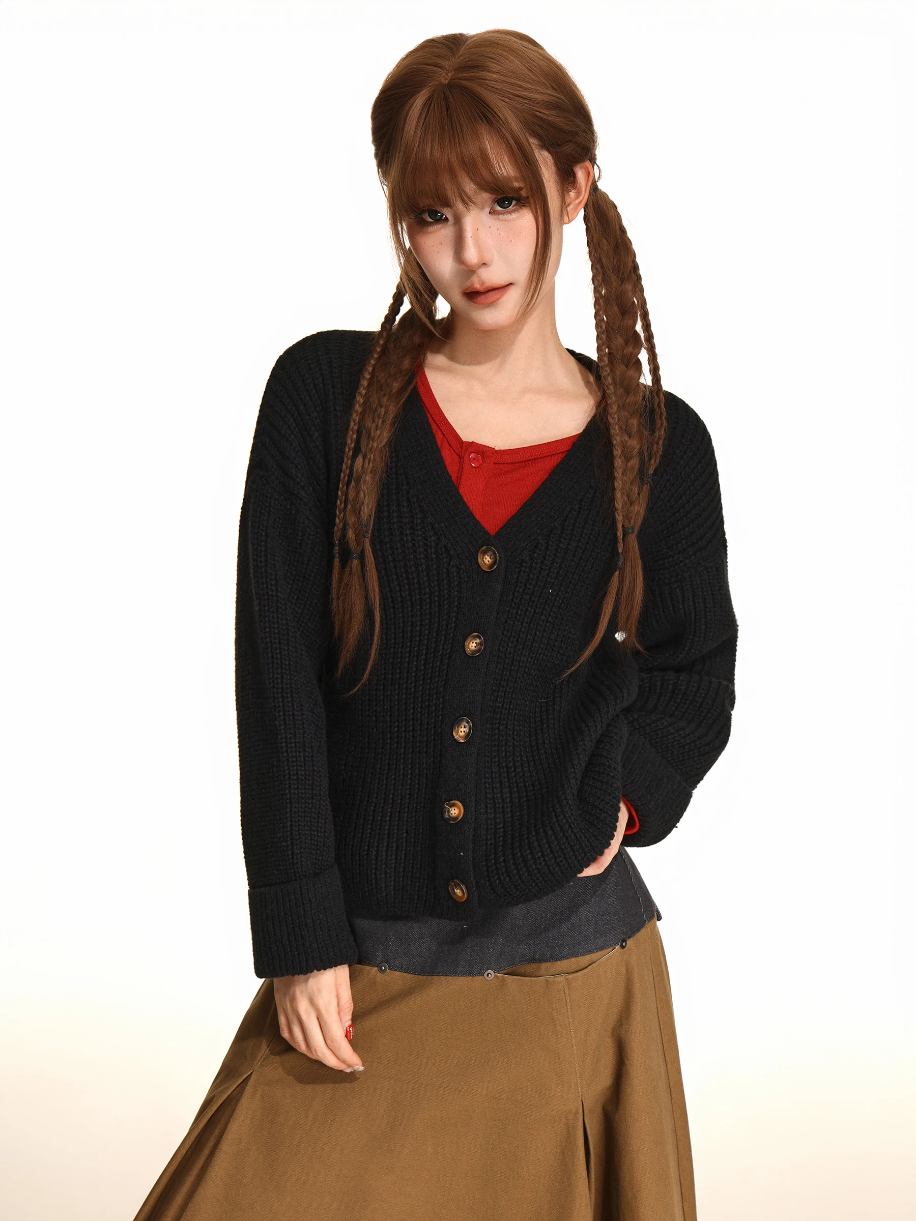 iyue Casual Knitted Pure Color Button Sweater Coat Women's Loose Lazy Feel oulder Slimming Open Cardigan Autumn Faion