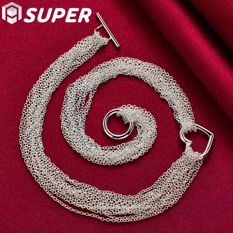 925 Sterling Silver for Women Man Multi Line Chain Heart Pendant Necklace Collier Female Fashion Jewelry