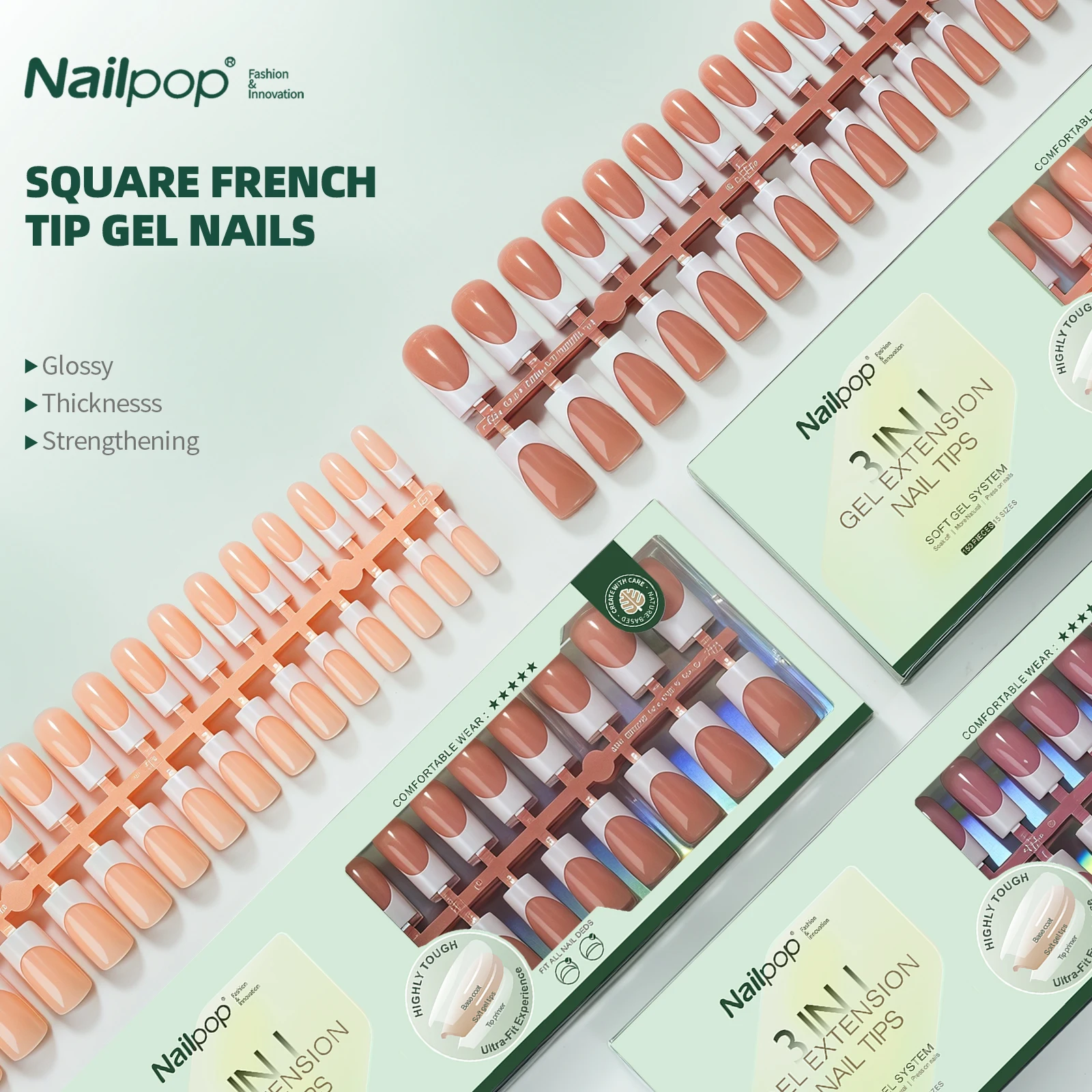 

Nailpop Square French Tip Press on Nails Белый Французский Розовый Обнаженный Коричневый Типсы Soak Off Акриловые Накладные Накладные Ногти 150 шт.