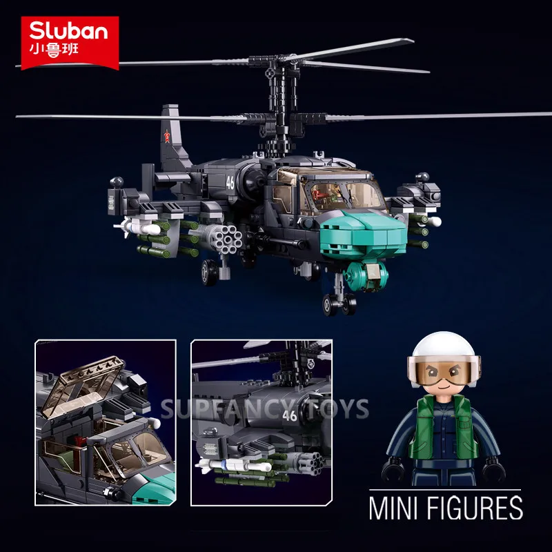 Sluban 913PCS KA-52S Helicopter Gunship Model Bricks Coaxial Inversion Weapon DIY Creative Building Blocks Educational Boys Toys