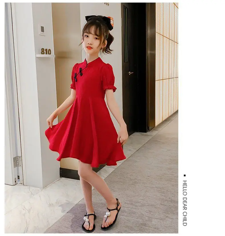 Cheongsam para meninas de verão, vestidos infantis, princesa adolescente, roupas de ano novo, Qipao monocromático vermelho chinês, 4 7 8 9 10 12 14