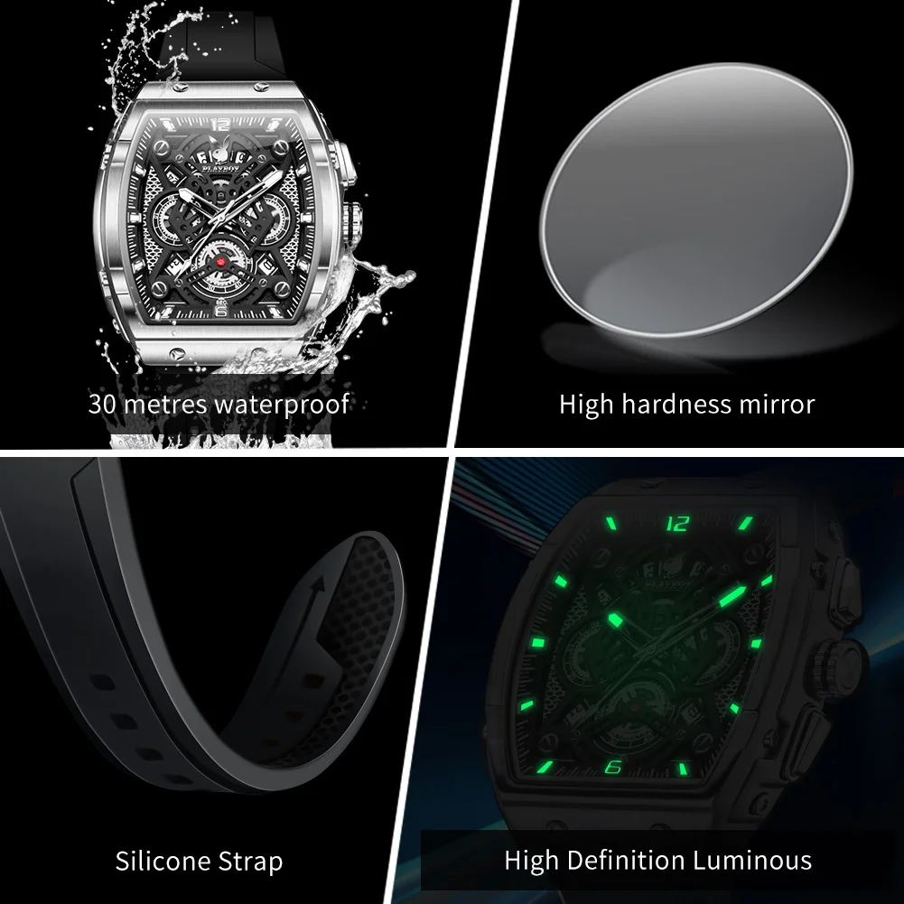 PLAYBOY Watches Man Waterproof Luminous Tonneau Skeleton Quartz