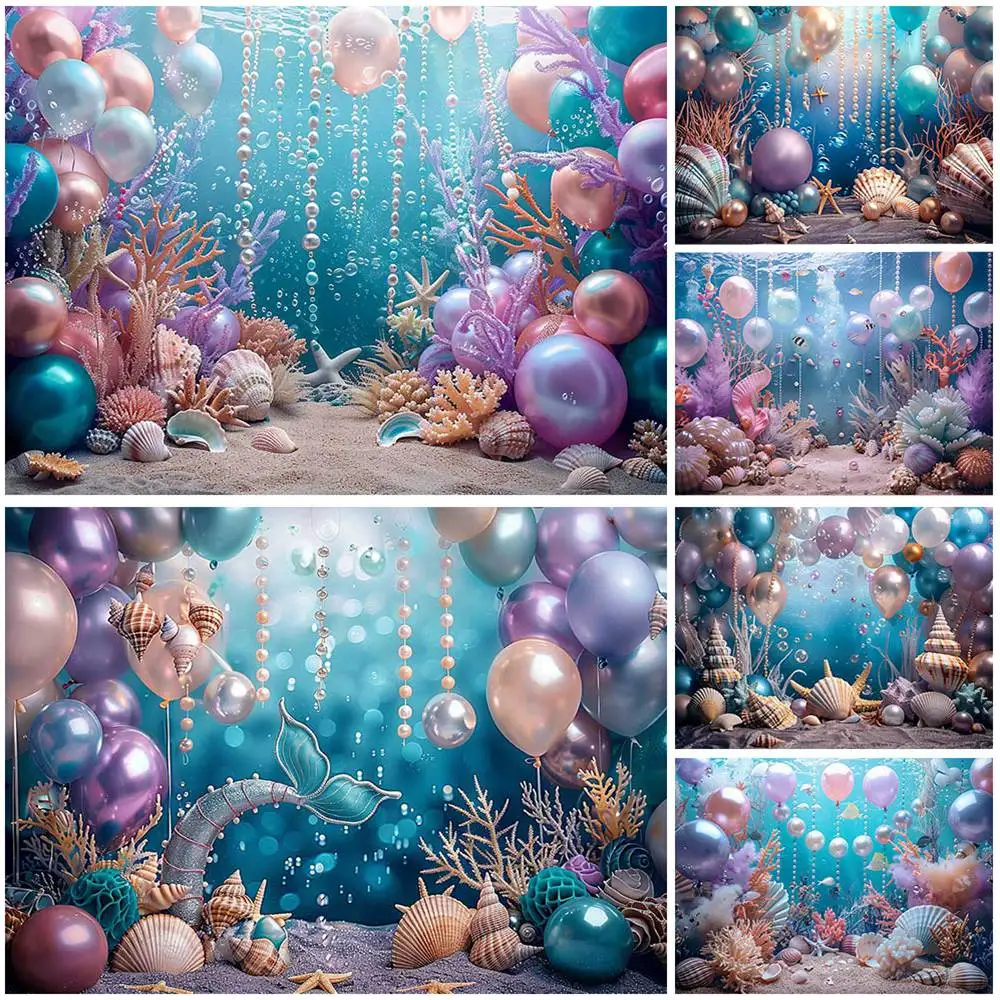 

Mocsicka Mermaid Princess Photography Background Under The Sea Shell Pearl Balloon Girl Birthday Party Decor Cake Smash Backdrop