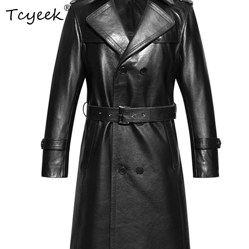 

Tcyeek Верхний слой из коровьей кожи Осень Зима Высококачественный модный костюм с воротником Длинная черная мужская куртка из натуральной кожи Куртка Кожаная Мужская