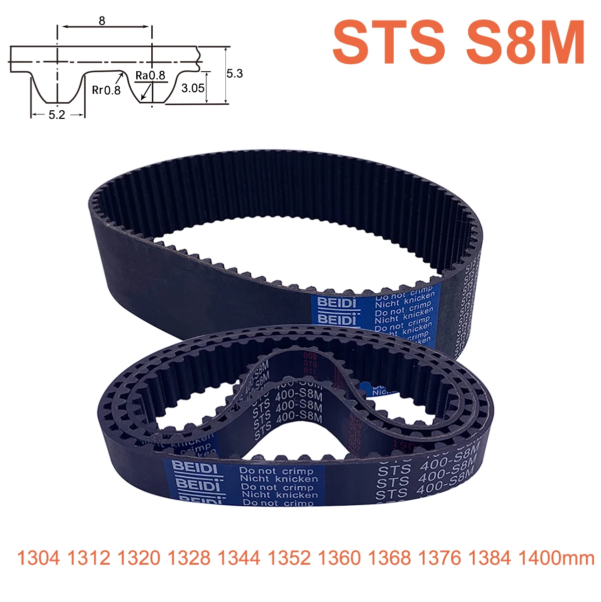 

S8M Rubber Timing Belt 1304 1312 1320 1328 1344 1352 1360 1368 1376 1384 1400mm Width 15/20/25/30/40mm Closed Synchronous Belt