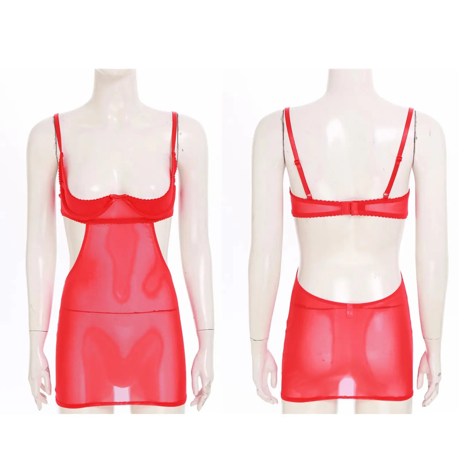 Womens Sheer Mesh Lingerie Jurk Zien Door 1/4 Cup Beugelbeha Bodycon Mini Jurk Strik Spaghettibandjes Babydoll Jurk