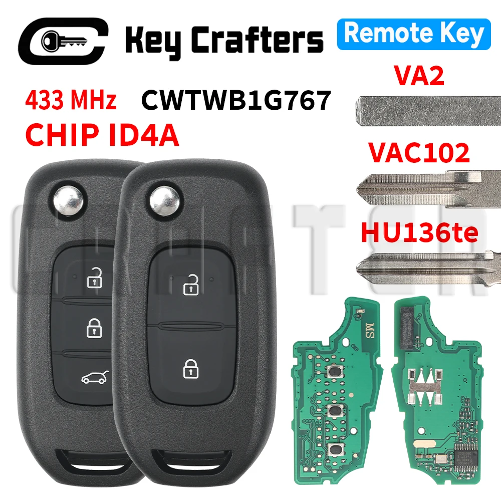 

Сменный выкидной ключ для автомобилей Renault Captur, Clio, Megane, Symbol, Twingo, Dacia Duster, Sandero, Kadjar с чипом CWTWB1G767 4A, 433 МГц