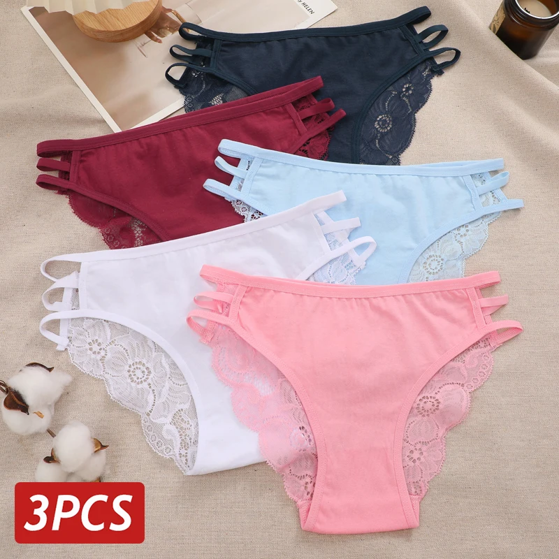 3PC/Set Women Sexy Lace Panties Low Rise Hollow Out Briefs Floral Transparent Underwear for Feamale Elastic Straps Soft Lingerie