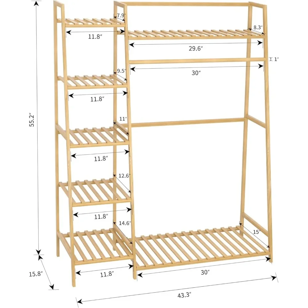 Bamboo Clothing Garment Rack,Free Standing Clothes Coat Hanger,Closet Organizer w/Shoe Rack,Multi-tiered Wardrobe Stor