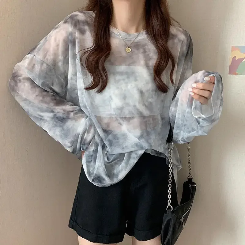 

Fashion Tie-dyed Thin Tops Summer Women Casual Simple O-Neck Sunscreen T-Shirt Korean Popular Streetwear Loose Long Sleeve Tee