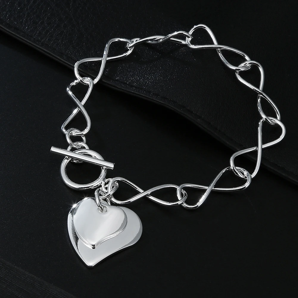 

Fashion Designer Brands 925 Sterling Silver Romantic Double Heart Pendant Bracelets For Women Party Wedding Jewelry Couple Gifts
