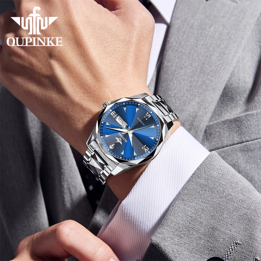 OUPINKE 3315 Watch For Men Rhombus Mirror Dual Calendar Business Mechanical Man Watch Waterproof Luminous Orginal Men Hand Clock