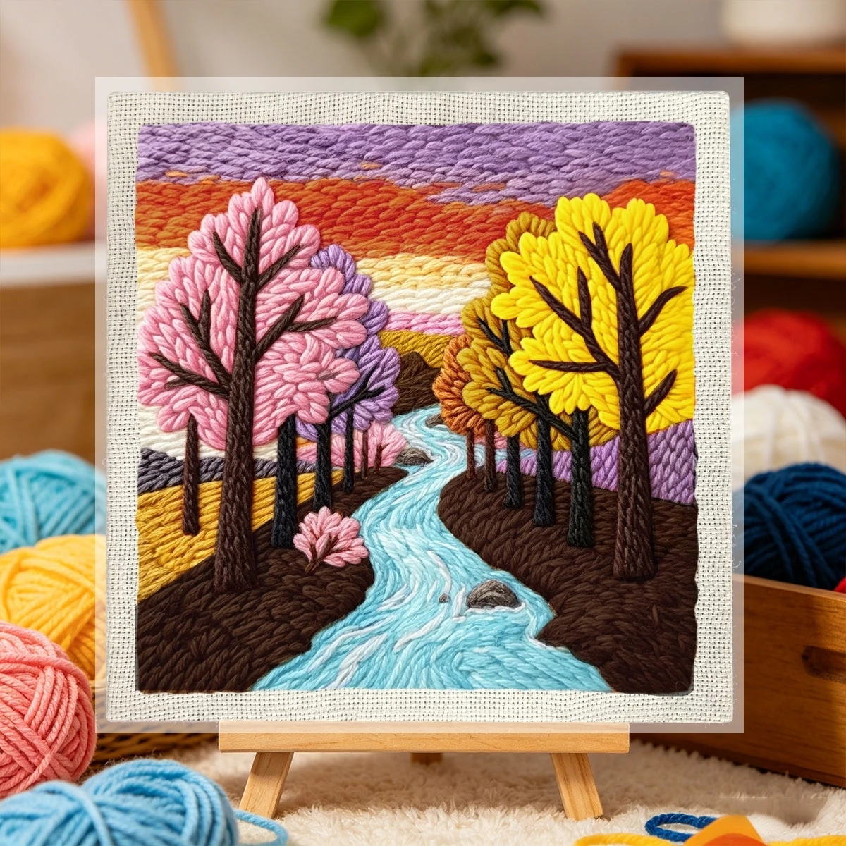 1 Set Herbst-Bach-Wald DIY-Stickerei-Set für Anfänger, Stick-Starter-Kit, Kreuzstich-Kunstgeschenk, Nadelarbeiten – Detail 2