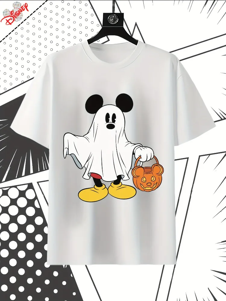 

Женская футболка Disney с Микки и Минни Маус, свободная повседневная рубашка с короткими рукавами и круглым вырезом, рубашка с принтом Jack-o'-Lantern Basket