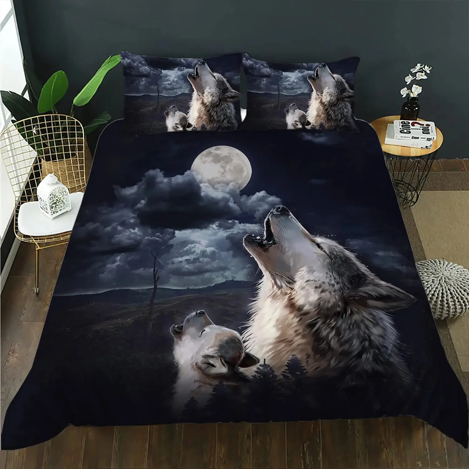 Wolf Printed Bedding Set Twin Size for Kids Boys Bedroom,Misty Bed Duvet Cover Set, Comforter Cover Wild Animals Decor 3 Pieces