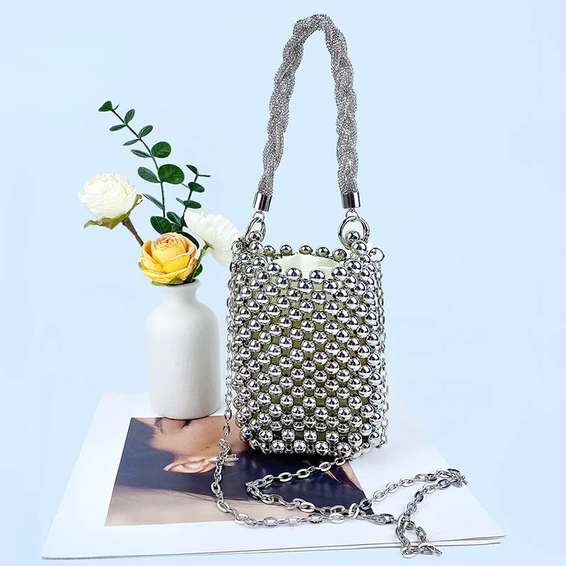 Y2K Cool Silver Acrylic Beaded Handabg Fashion Hand Woven Hollow Out Evening Bag for Women 2024 Chain Mobile Phone Crossbody Bag