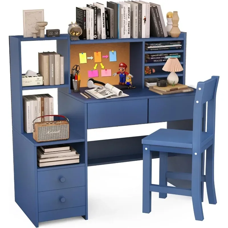 Kids Study Table with Storage ShelfF,Childrens Computer Desk with 4 Drawers,Blue Kids Desk，home.