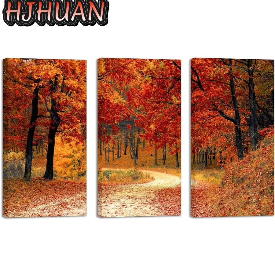 3pcs Natural landscape, red maple tree Diamond Painting Set Hobby Art 5D DIY Full Drill Square Round Mosaic Home Decoration