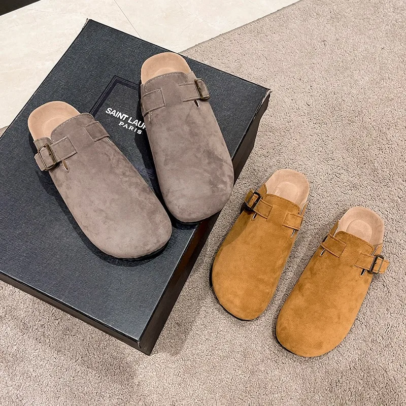 Comfortable fashionable women's suede mule slippers men's cork insoles sandals with arch support outdoor beach slides home shoes