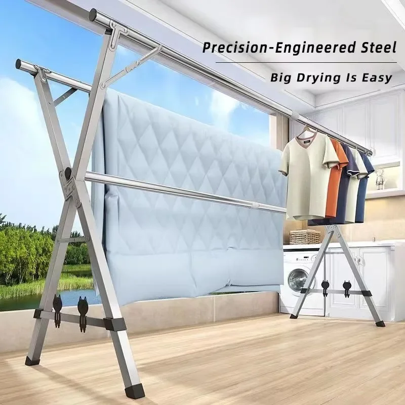 Floor-standing clothes drying rack Stainless steel floor folding X-shaped balcony hanger indoor and outdoor Clothes  rod