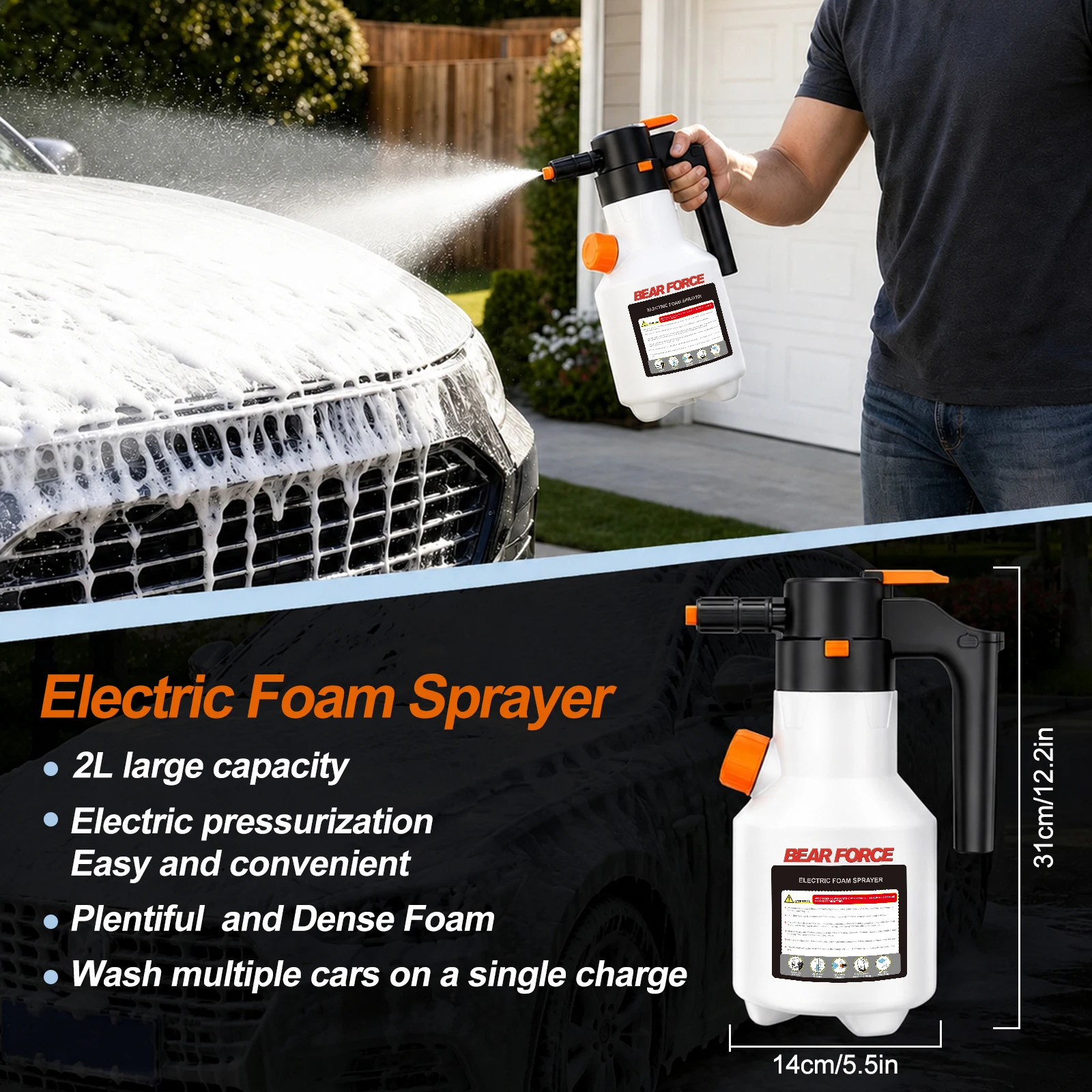 2L Electric Foam Sprayer, 3000mAh USB Rechargeable with Side Pour Spout, Foam Cannon for Car Wash Auto Detailing Garden Cleaning view 4