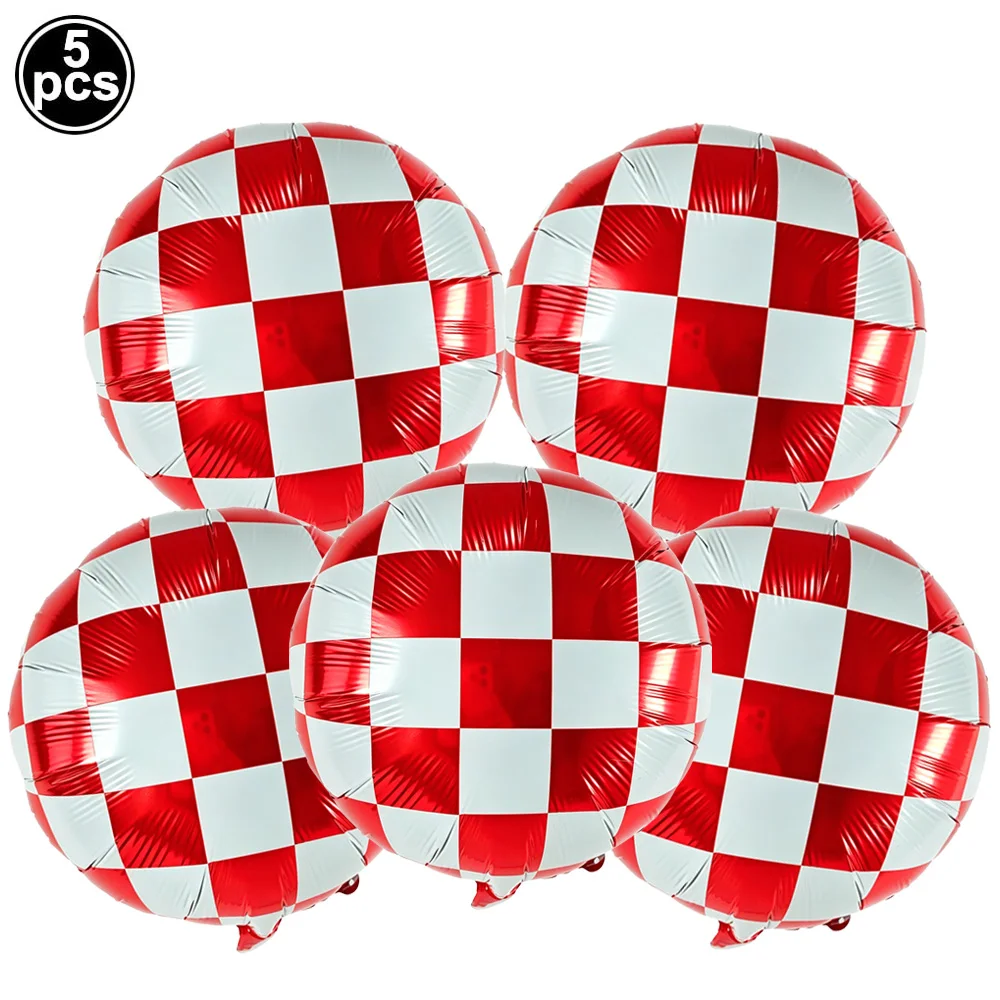 5 Stück karierte Ballons aus Aluminiumfolie, rot, gelb, schwarz, weiß, karierte Ballons für Geburtstagsparty-Dekorationen mit Rennsport-Thema – Detail 4