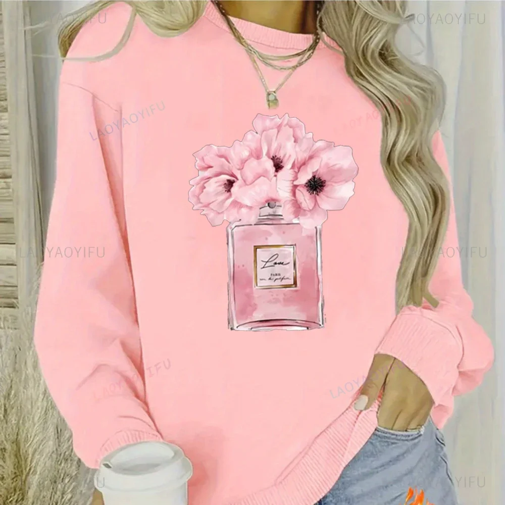 Chic French Perfume Floral Print Y2K-Inspired Women's Sweatshirt Crew Neck Machine Washable Perfect for All Seasons Versatile