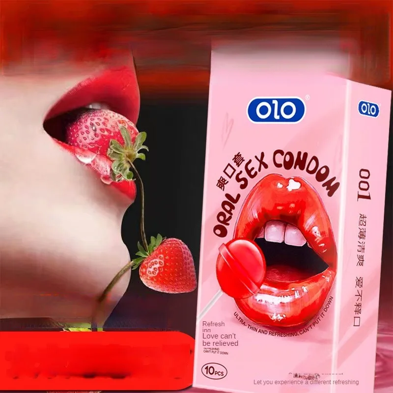 OLO 10Pcs Oral Sex Condoms with Strawberry Taste Safe Sex Penis Sleeve Condom Intimate Goods Tongue Sex Lick Dick Toys for Adult