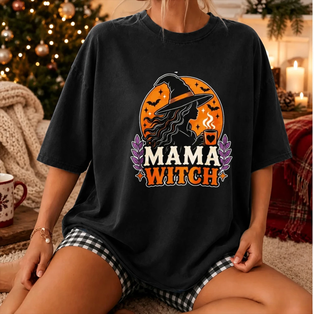 Mama Witch Halloween T-Shirt Funny Witch Hat Bat Print Graphic Tee Oversized Casual Short Sleeve Top Autumn Party Gift for Mom