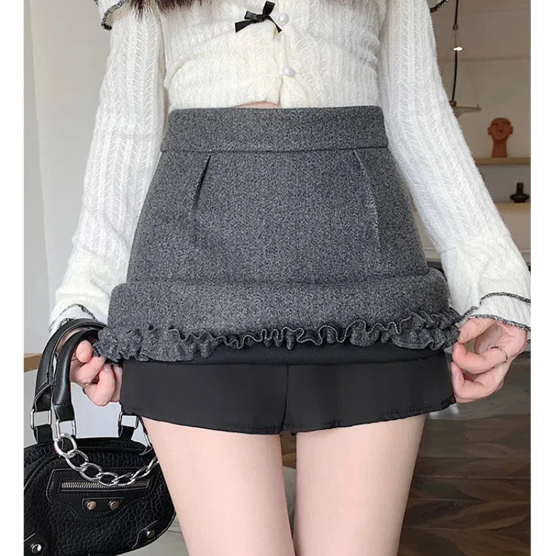 Neue Koreanische Stil Nette Spitzen Mini Rock Frauen Mode Herbst Winter Hohe Taille Woolen Röcke Damen Casual Wolle Kurze Röcke