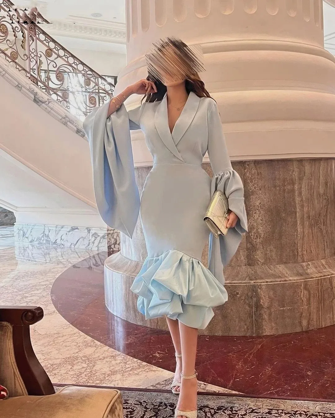 فستان فلورا أنيق باللون الأزرق السماوي من الشيفون حورية البحر بأكمام مضيئة ورقبة على شكل حرف v مطوي للحفلات الراقصة رداء حفلات السهرة Fساتين السهرة 2023 #2