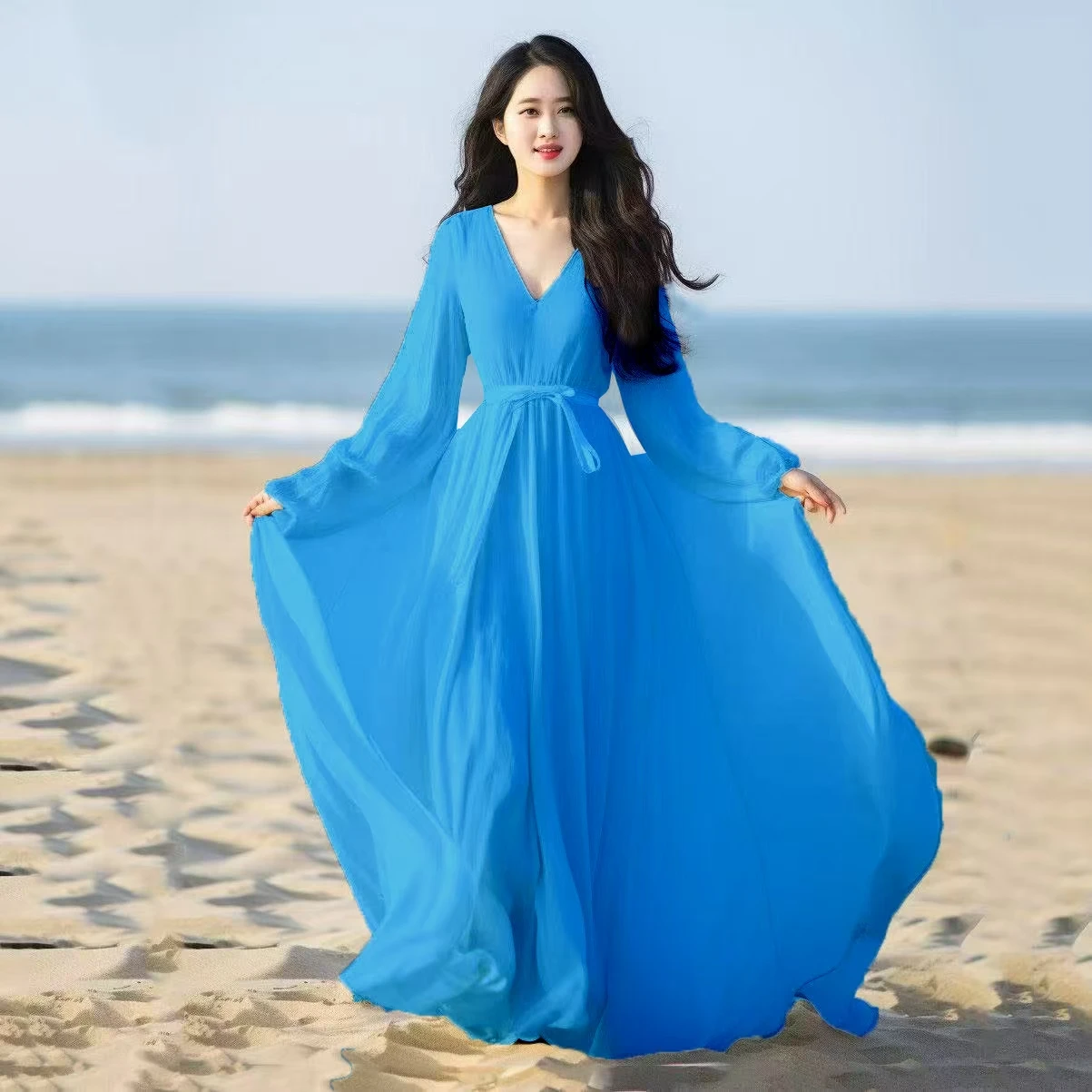 Vestido largo bohemio de gasa para playa para mujer, vestido informal holgado con cuello en V y cinturón de manga larga, Túnica para fiesta de noche y baile