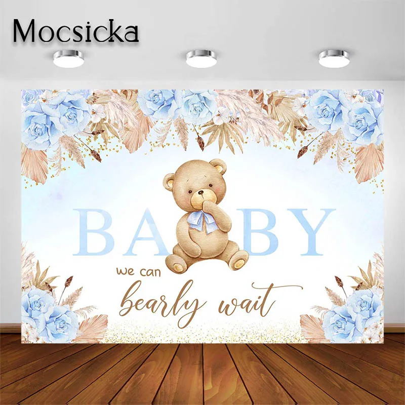 Mocsicka-Fondo para Baby Shower, cartel de decoración para fiesta de bienvenida, We Can Bearly Wait Baby, flores azules, retrato, utilería para estudio fotográfico