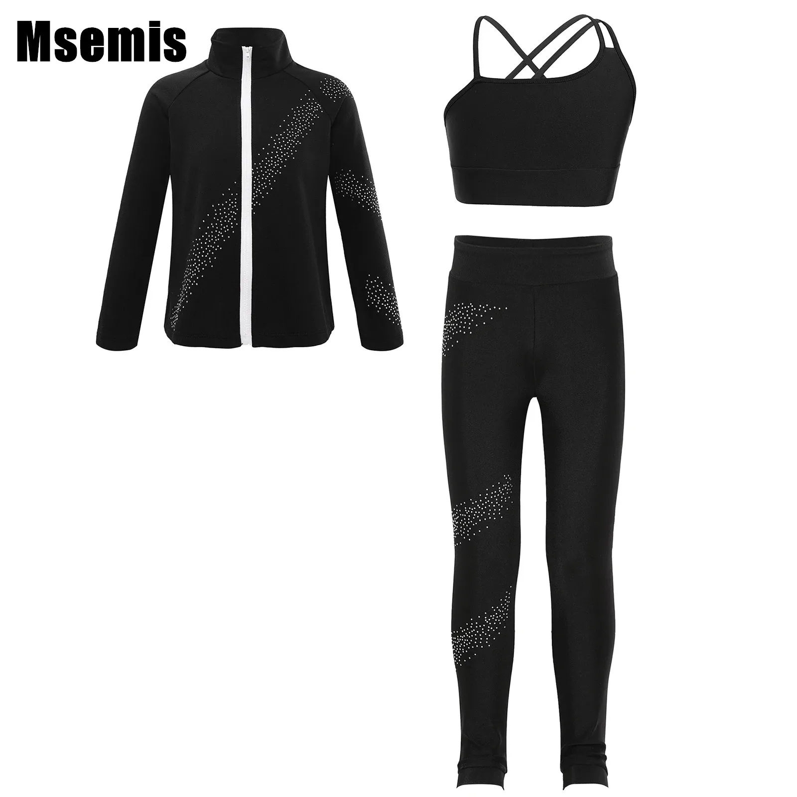 

Kids Girls Sportswear Suit Asymmetrical Spaghetti Straps Crop Vest with Rhinestones Decorated Zipper Jacket And Pants