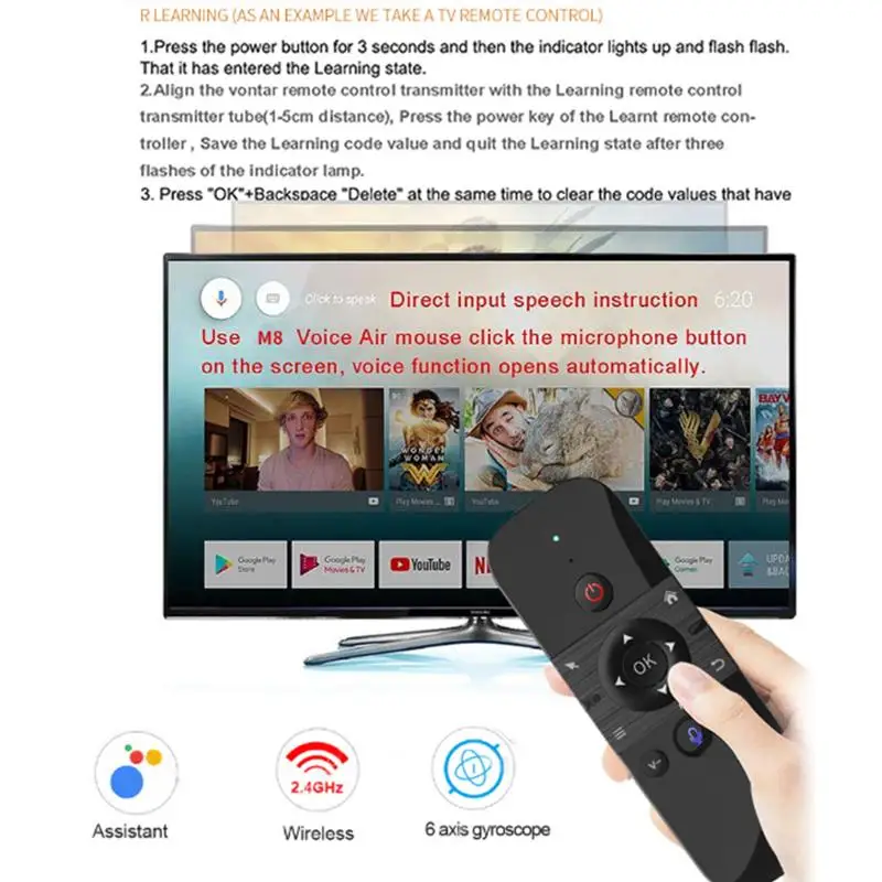 M8 Air Mouse Voice Remote Control 2.4G&Bluetooth Mini: Wireless Keyboard Gyroscope Android TV Box X96