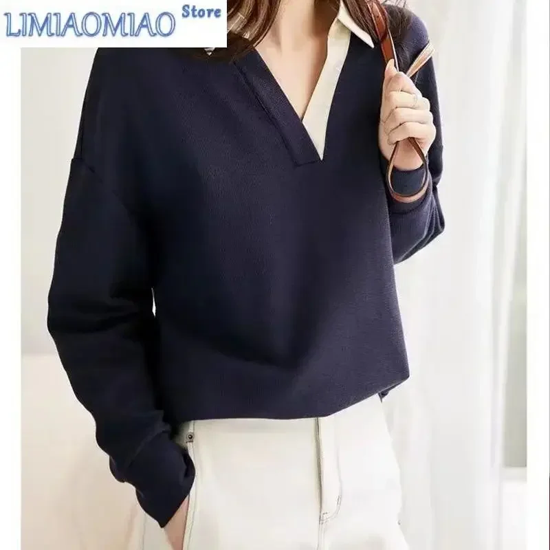 

Autumn Fashion Letter Embroidery Color Blocking Sweatshirts Women New Classic Long Sleeve V-neck Casual All-match Lady Top