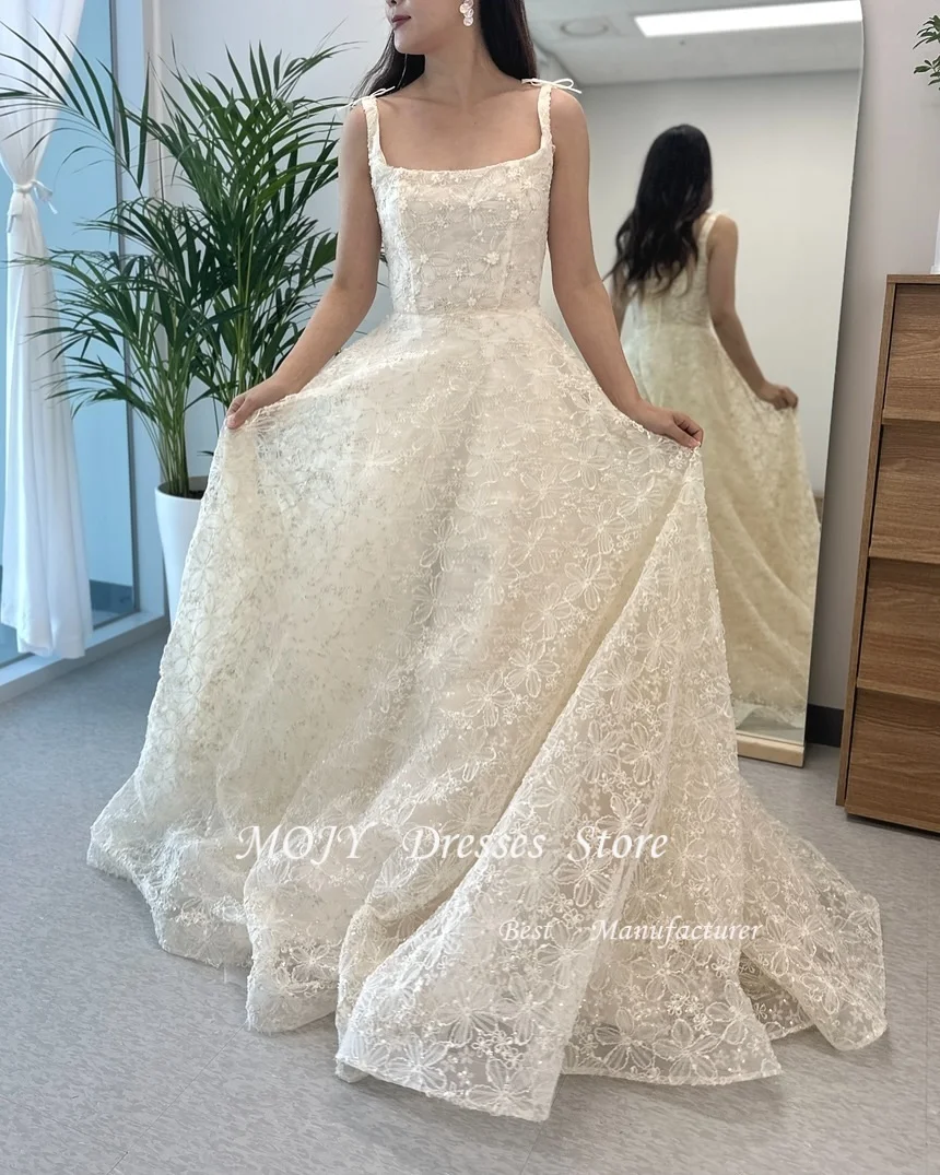 Mojy  Exquisite Lace Beads A Line Korea Wedding Dresses For Photo shoot Straps Square Neck Floor Length Corset Back Bride Gowns