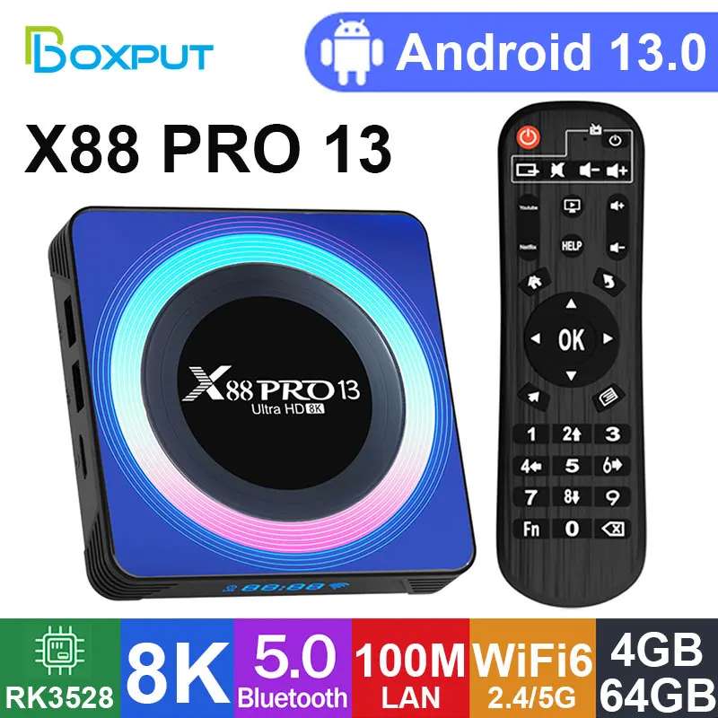 Boxput X88 프로 13 스마트 TV 박스 셋톱 박스, 안드로이드 13.0 록칩 RK3528 쿼드 코어, 4GB 64GB 8K 비디오 디코딩, 2.4G 5G WiFi6 BT5.0