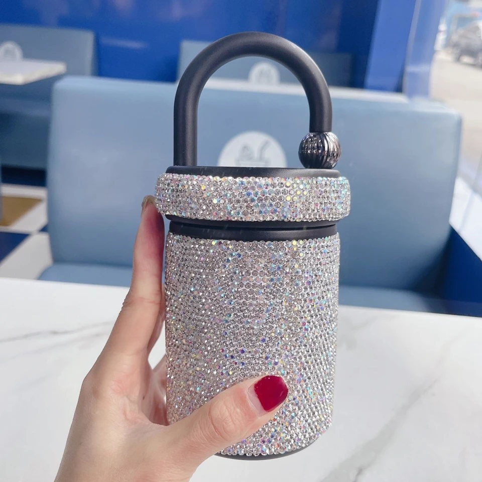 316 Stainless Steel Handheld Thermos Mug Portable Vacuum Insulated Coffee Water Bottles with Rhinestone for Women and Girl 400ml