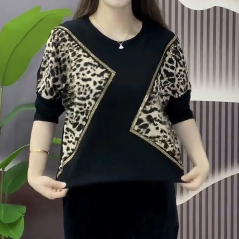 Moda diamanti girocollo stampato impiombato top abbigliamento donna Vintage elegante manica lunga pullover larghi t-shirt femminile