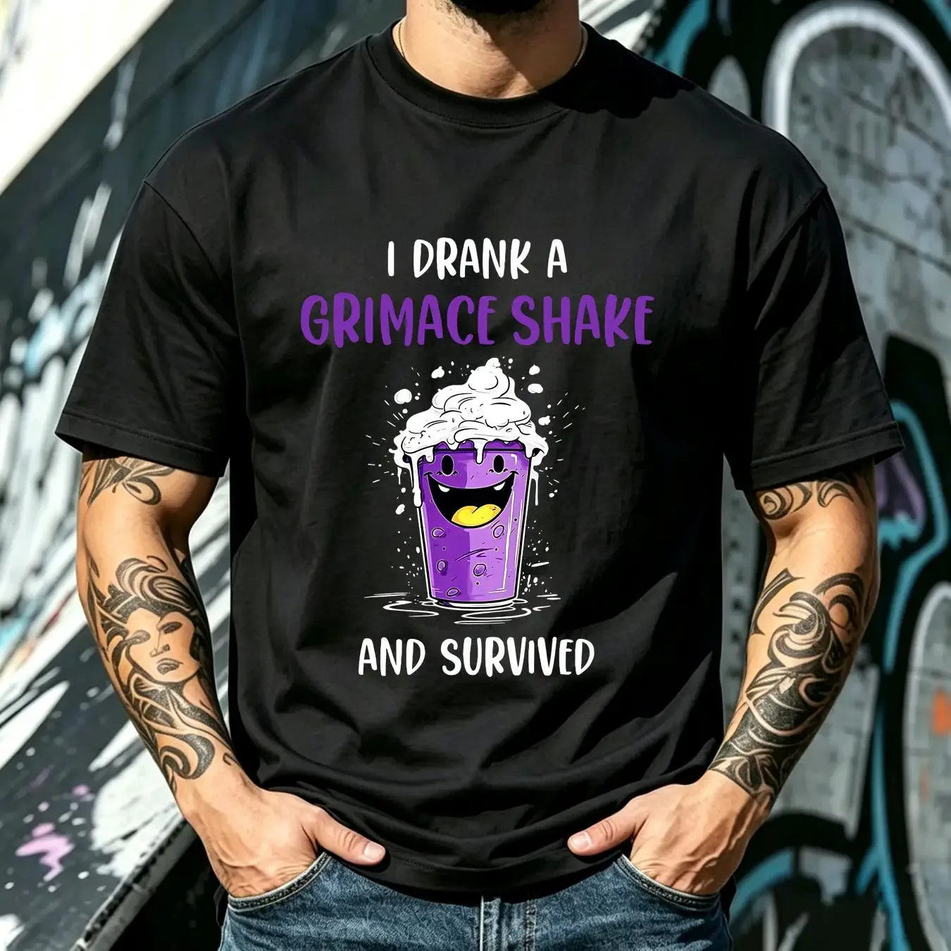 washed T Shirt I drank a grimace shake and survived Black vintage Washed Casual Stylish Soft fashion Top For Everyday Wear