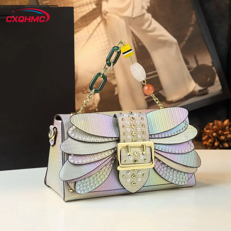 

2024 New Pearl Riveted Wings Women Bag Leather Chain Small Square Bag Temperament Handbags Shoulder Messenger Bags