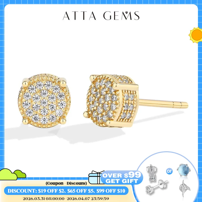 

ATTAGEMS D VVS1 Round Full Moissanite Earrings for Women Men 925 Sterling Silver 18k Gold Shiny Hiphop Studs Party Gift Jewelry