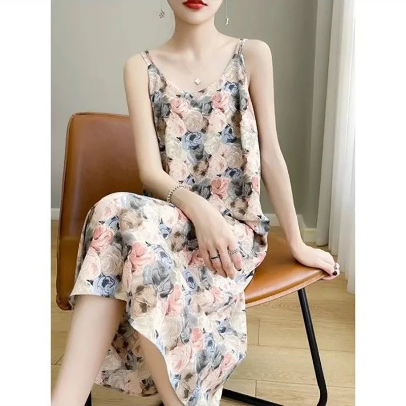 

Vintage Printed V-Neck Floral Sleeveless Dress Women's Clothing 2024 Spring Summer New Loose Office Lady Slip Dresses