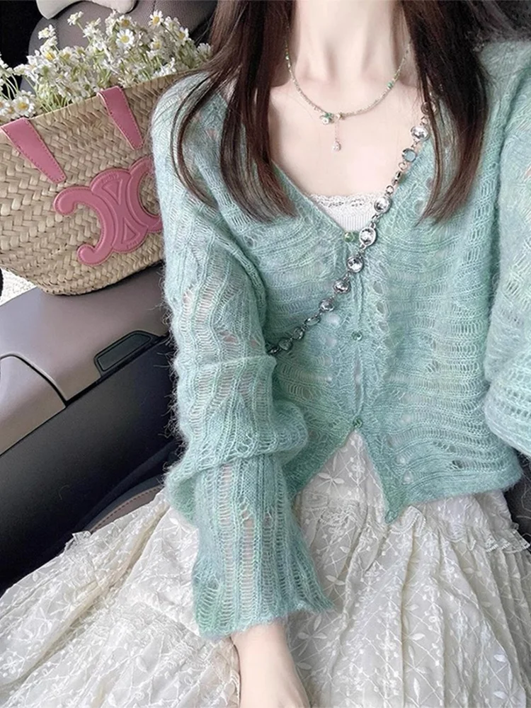 

Light Green Knitted Sun Protection Open Cardigan Women's Summer Thin Sweater Strap Outer Cover Hollow Top Korean Style Commute