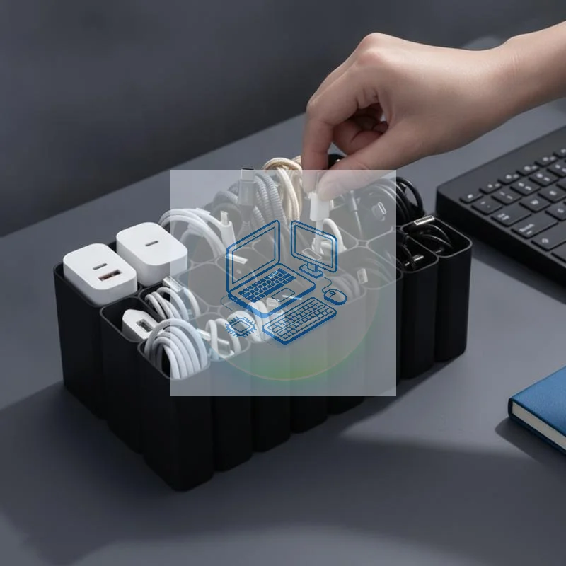 Grid Design Cable Storage Tray Desktop Wire Management Box, Electronic Accessory Organizer Holder for Home Office Desk