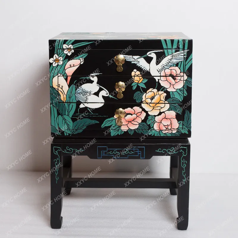 PG-lacquer new Chinese furniture engraved flowers and birds three draw a few cabinets bedside table modern simplicity