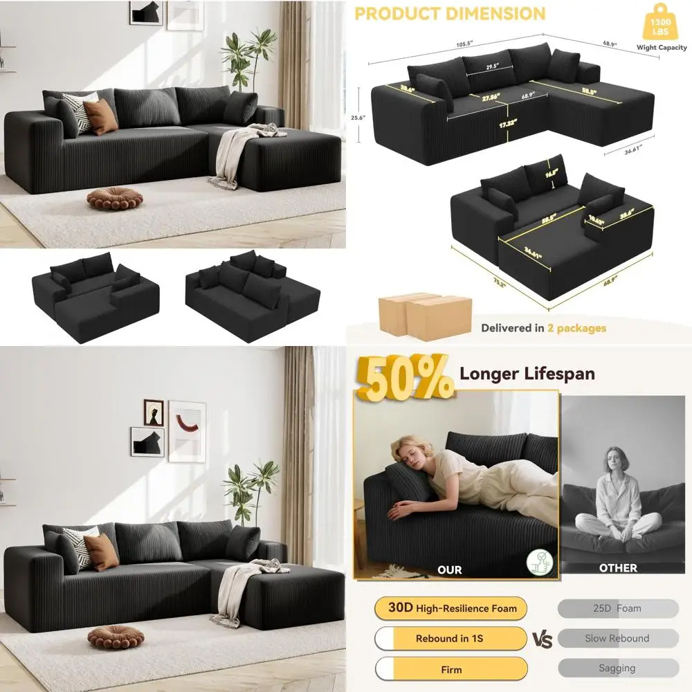 Роскошный вельветовый секционный диван с L-образным шезлонгом и глубоким сиденьем 27,56 для удобного сидения в гостиной