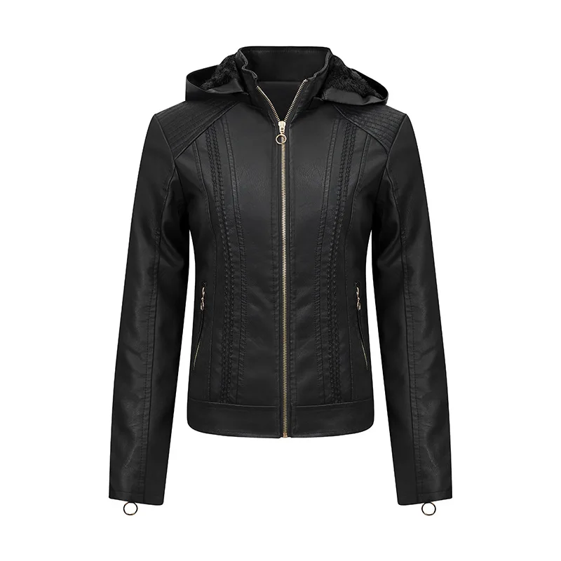Maidangdi women\'s leather jacket plush leather jacket with hat slim fit leather jacket large size fashionable